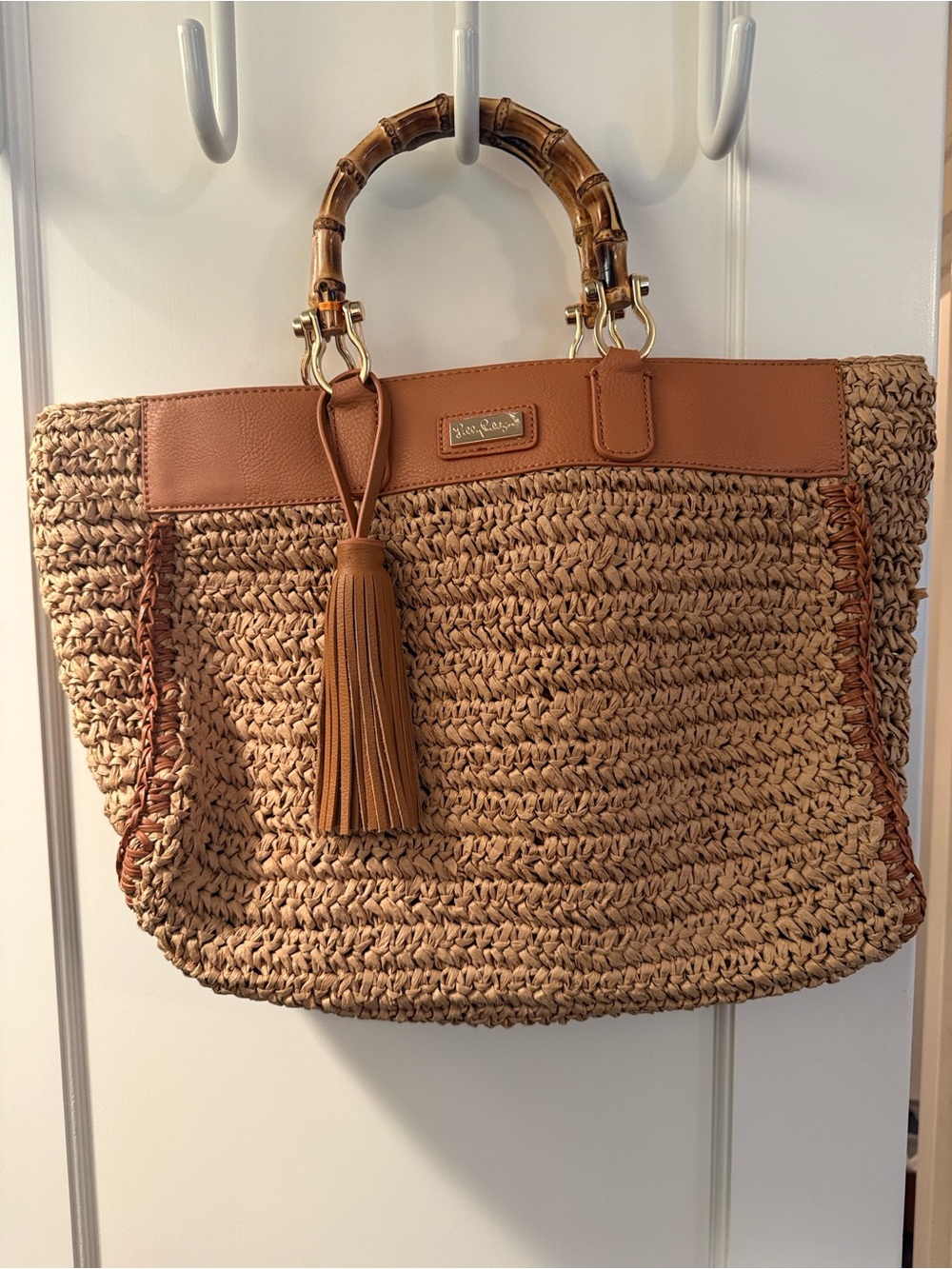 NWOT Lilly Pulitzer Tan Woven Raffia Tote with Bamboo Handles. Never used